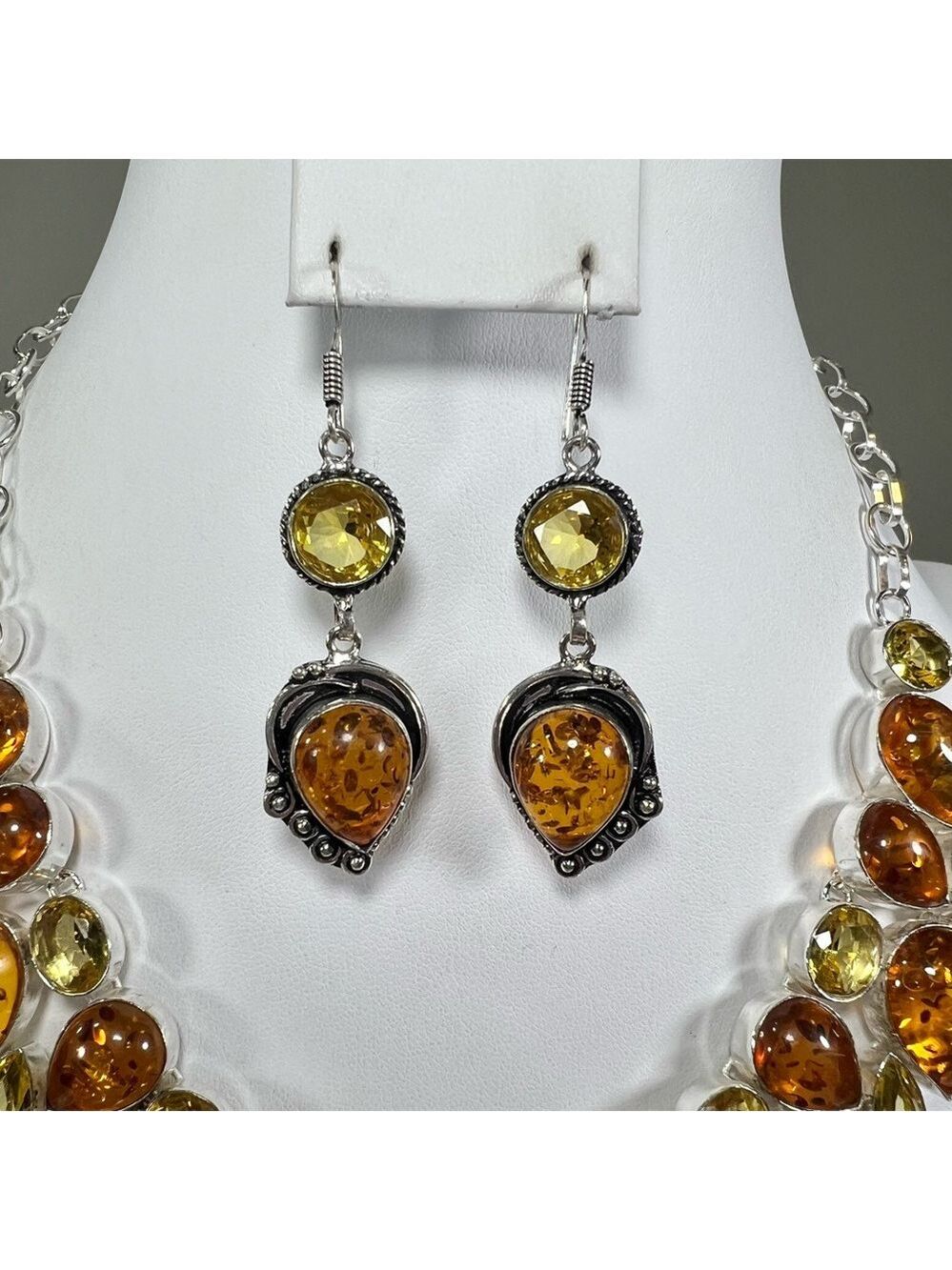 Amber & Citrine 925 Large synthetic stones Necklace Bracelet & ONE Earring ONLY - Picture 11 of 17